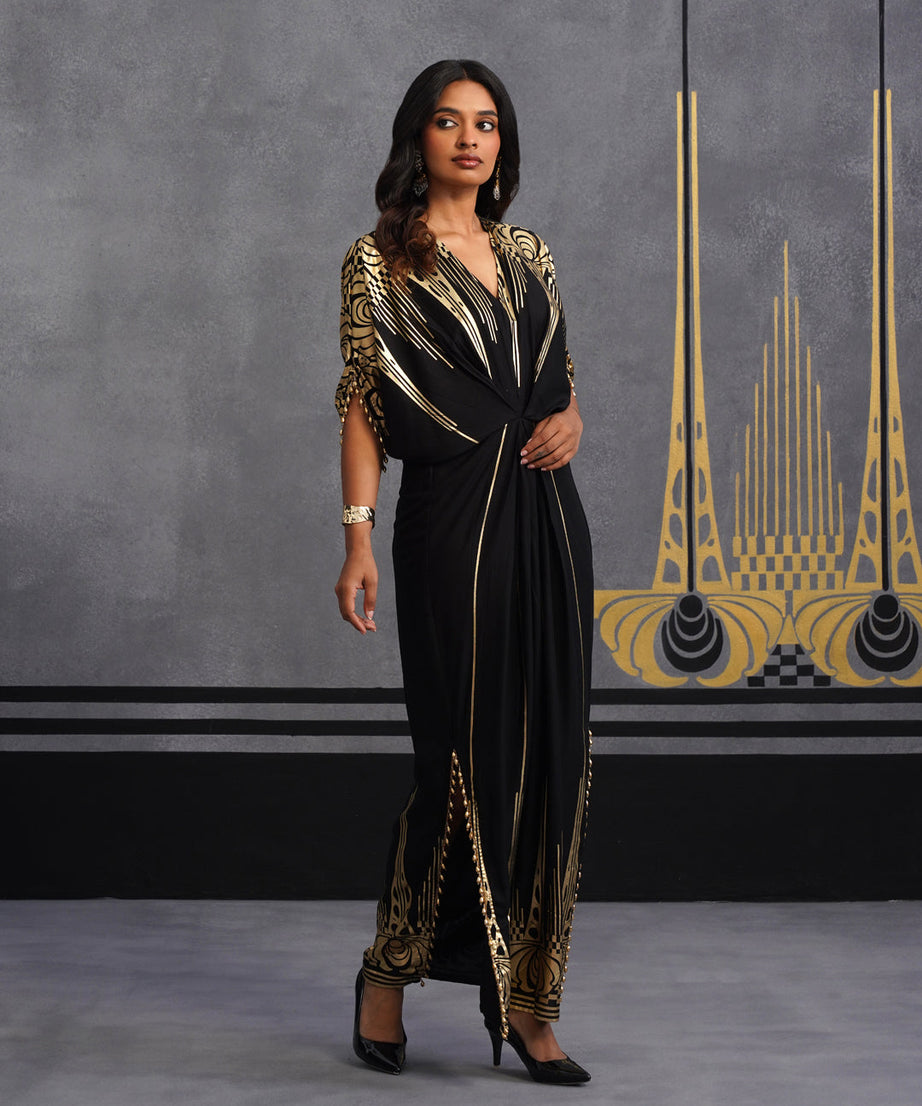 Elegant Black Maxi Dress with Gold Print and Side Slit