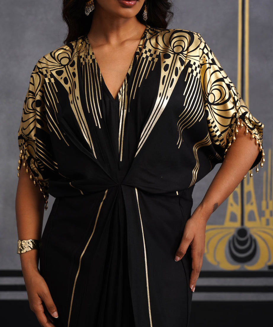 Elegant Black Maxi Dress with Gold Print and Side Slit