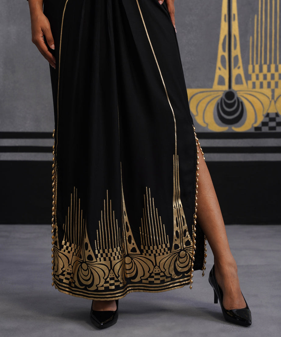 Elegant Black Maxi Dress with Gold Print and Side Slit