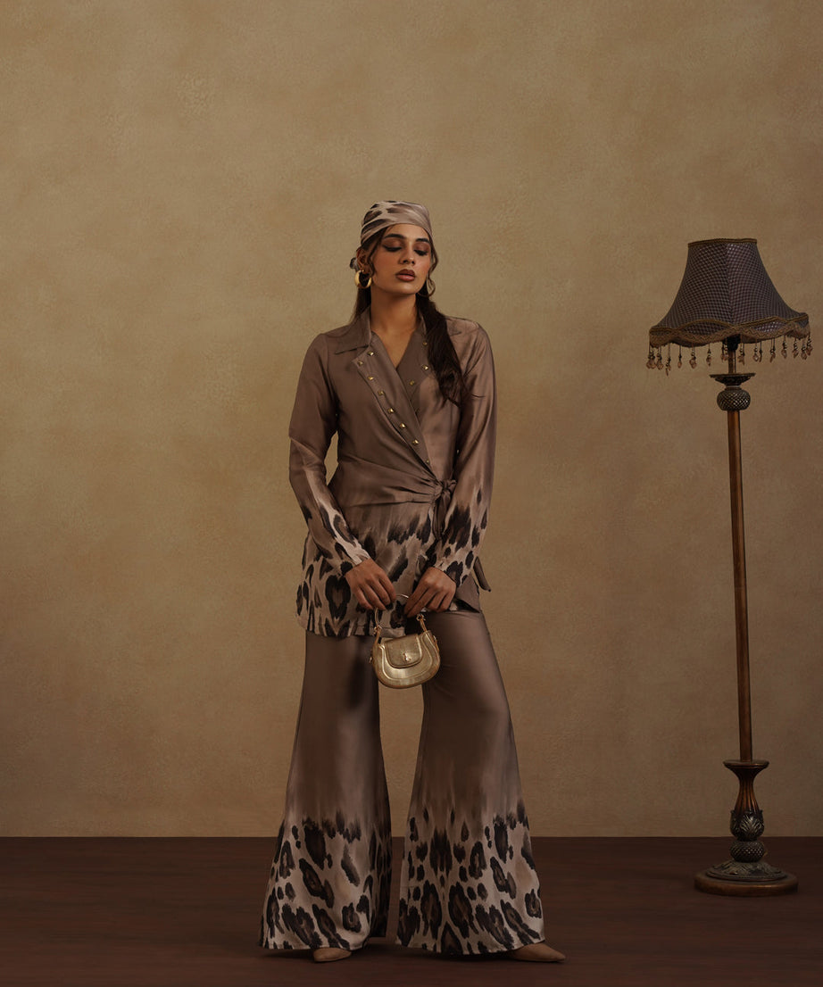 Stylish Brown Wrap Top and Animal Print Pant Set