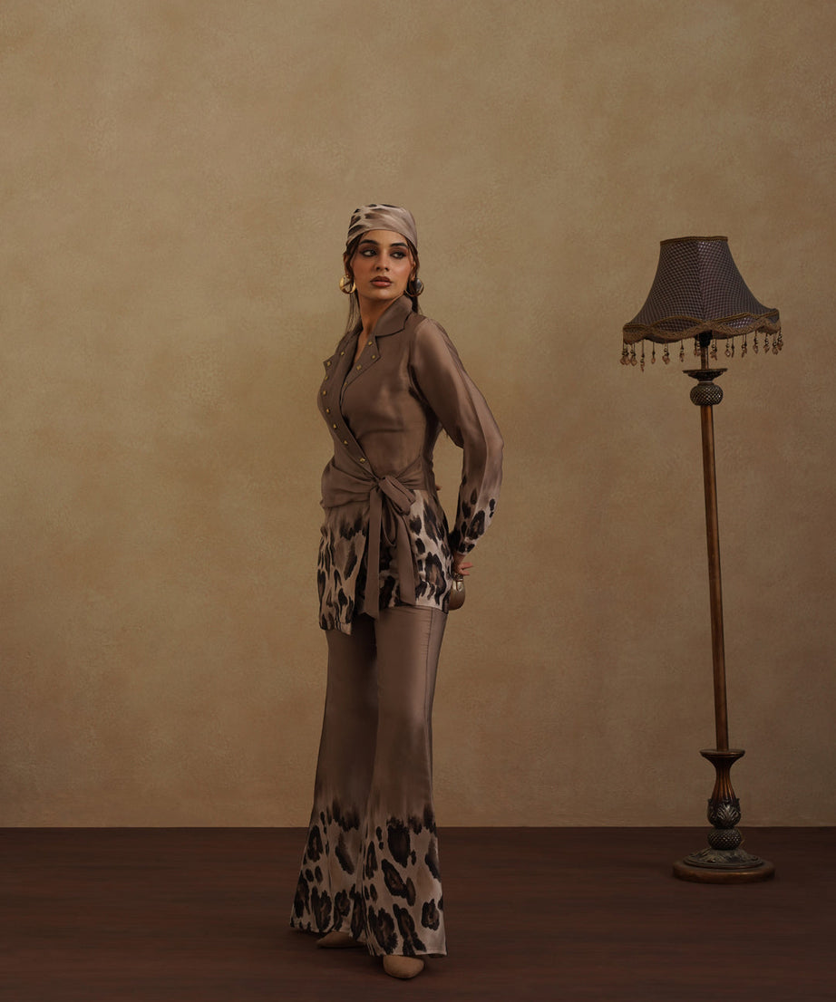 Stylish Brown Wrap Top and Animal Print Pant Set