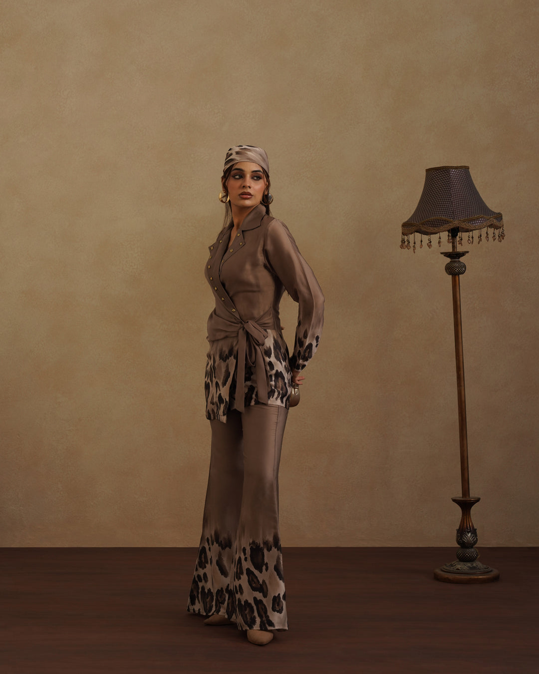 Stylish Brown Wrap Top and Animal Print Pant Set