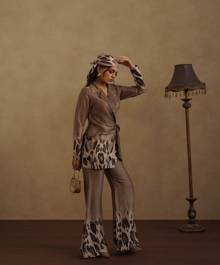 Stylish Brown Wrap Top and Animal Print Pant Set
