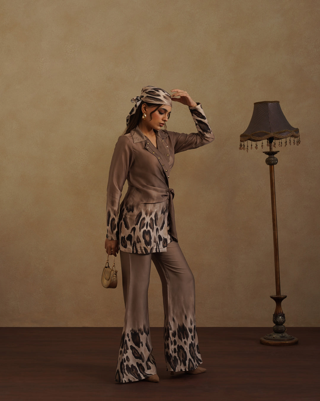 Stylish Brown Wrap Top and Animal Print Pant Set