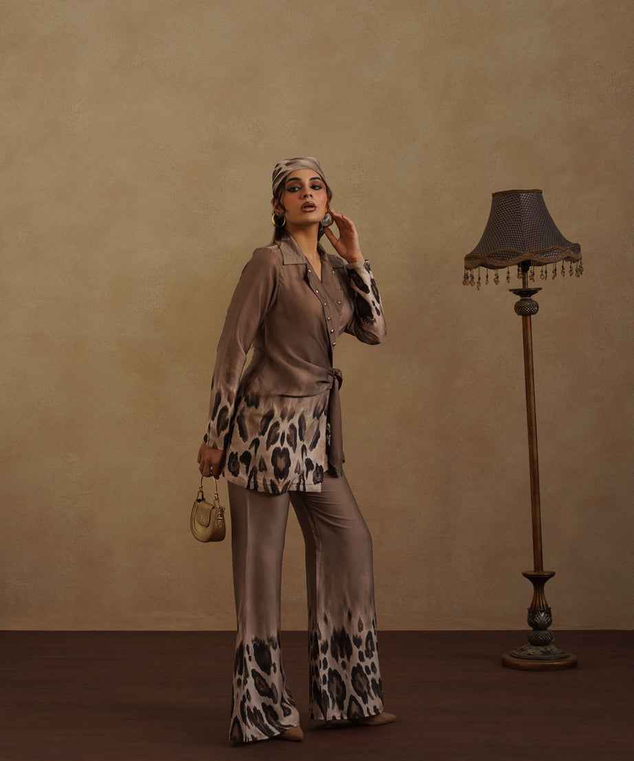 Stylish Brown Wrap Top and Animal Print Pant Set