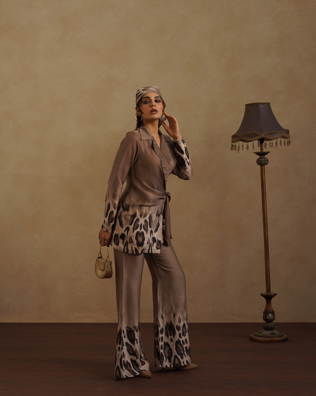 Stylish Brown Wrap Top and Animal Print Pant Set