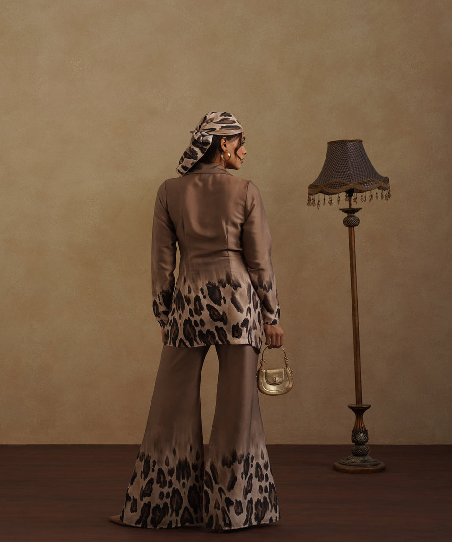 Stylish Brown Wrap Top and Animal Print Pant Set