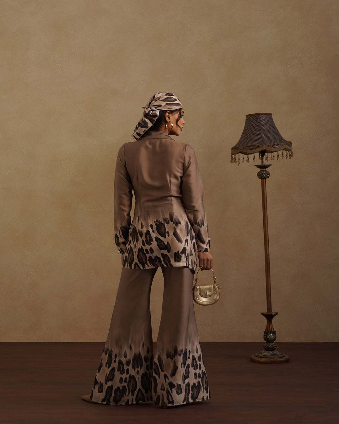 Stylish Brown Wrap Top and Animal Print Pant Set