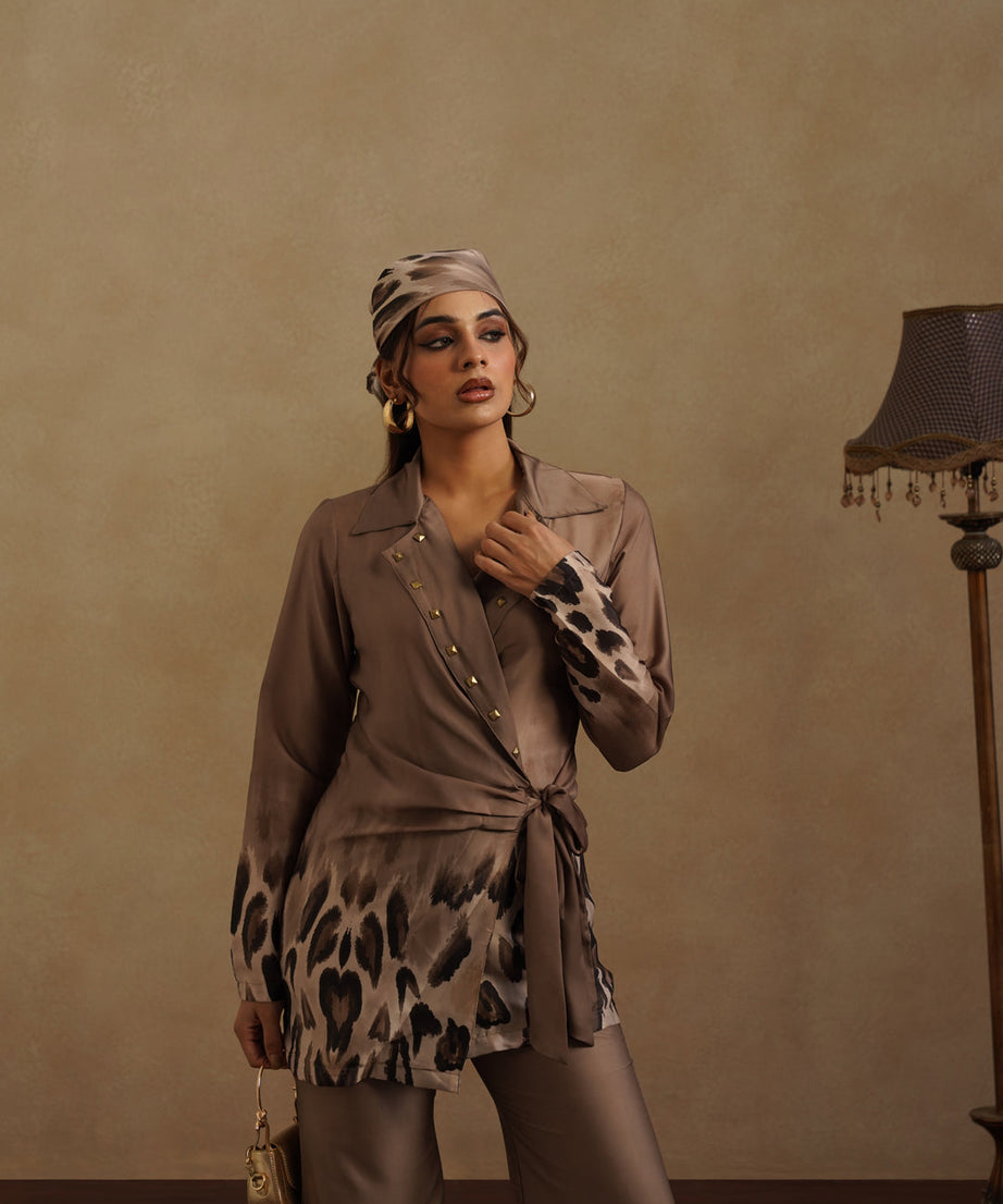 Stylish Brown Wrap Top and Animal Print Pant Set