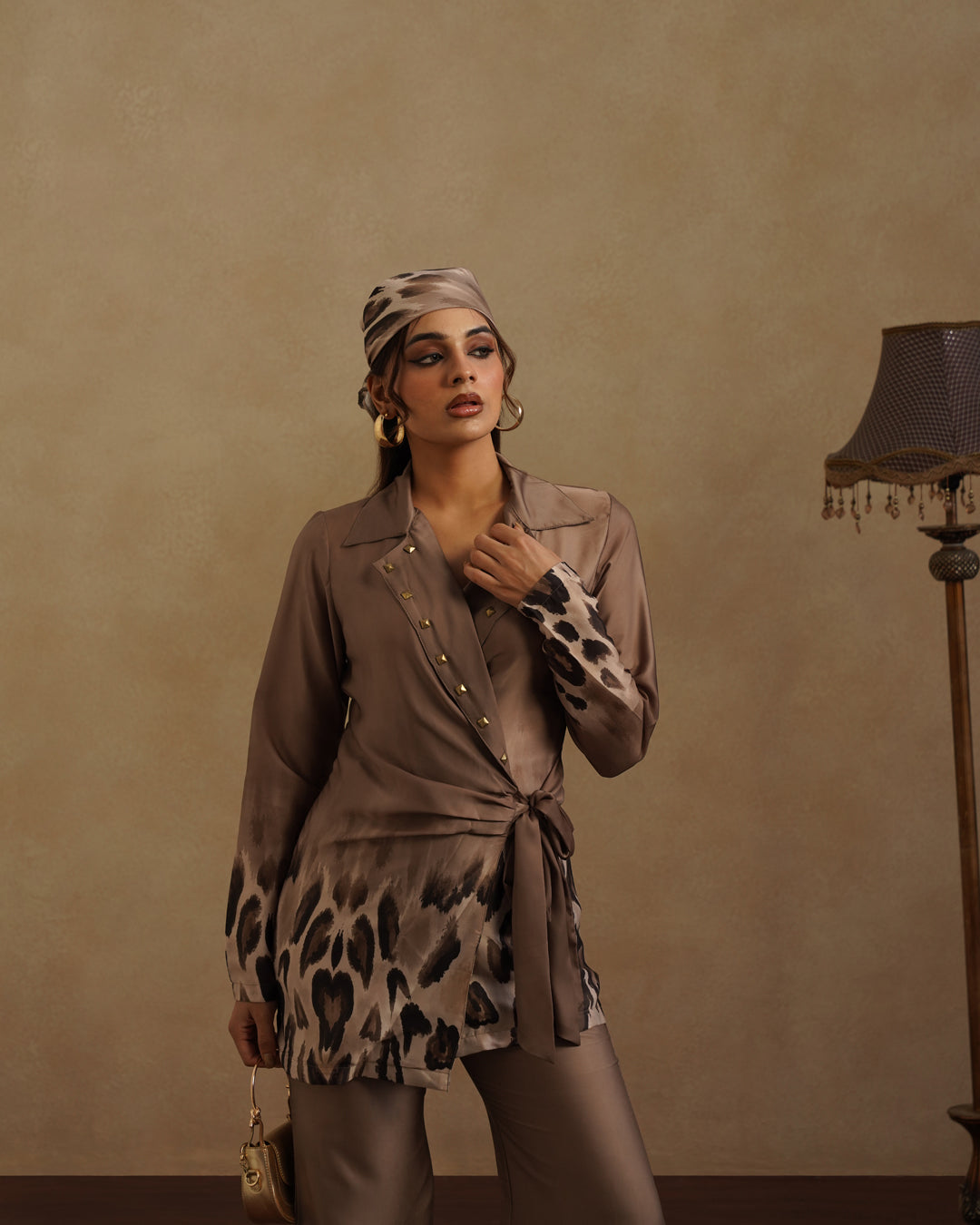 Stylish Brown Wrap Top and Animal Print Pant Set
