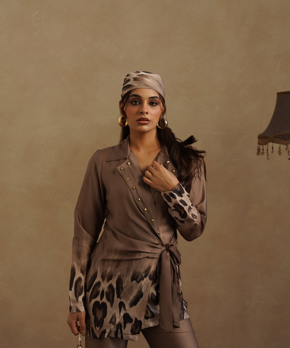Stylish Brown Wrap Top and Animal Print Pant Set