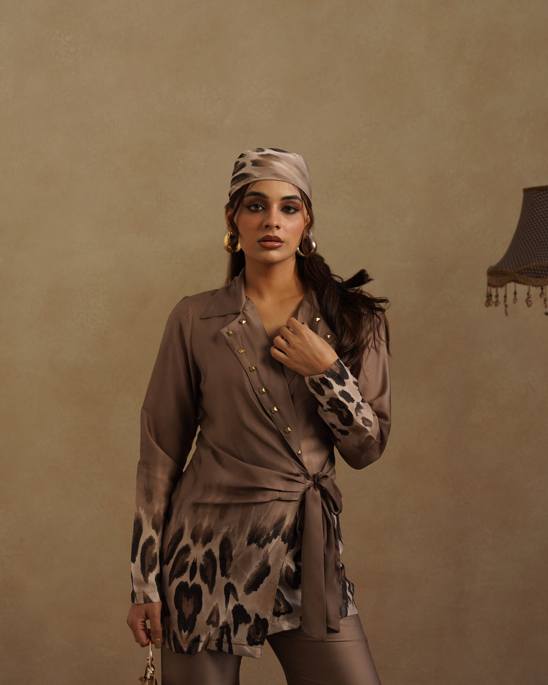 Stylish Brown Wrap Top and Animal Print Pant Set