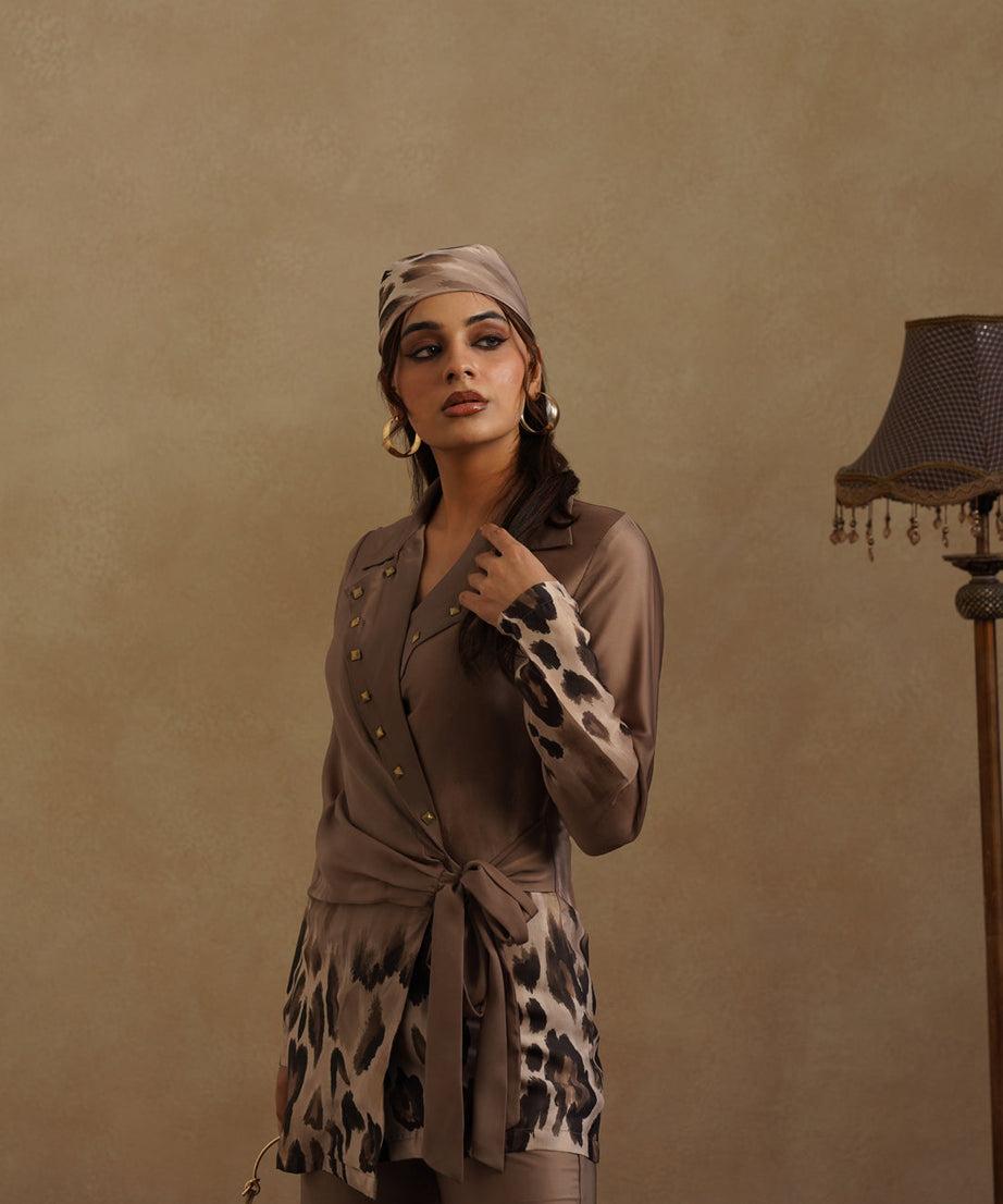 Stylish Brown Wrap Top and Animal Print Pant Set