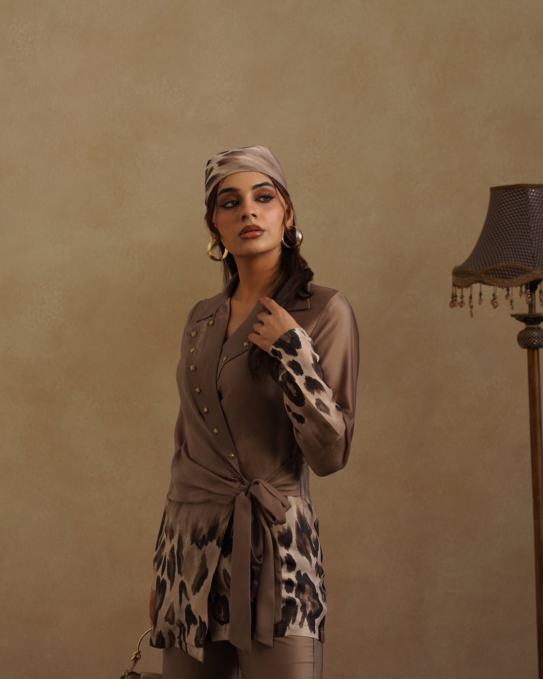 Stylish Brown Wrap Top and Animal Print Pant Set