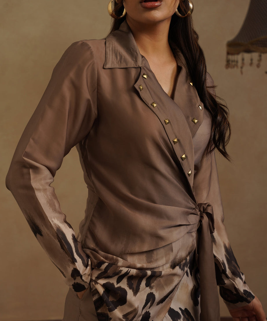 Stylish Brown Wrap Top and Animal Print Pant Set