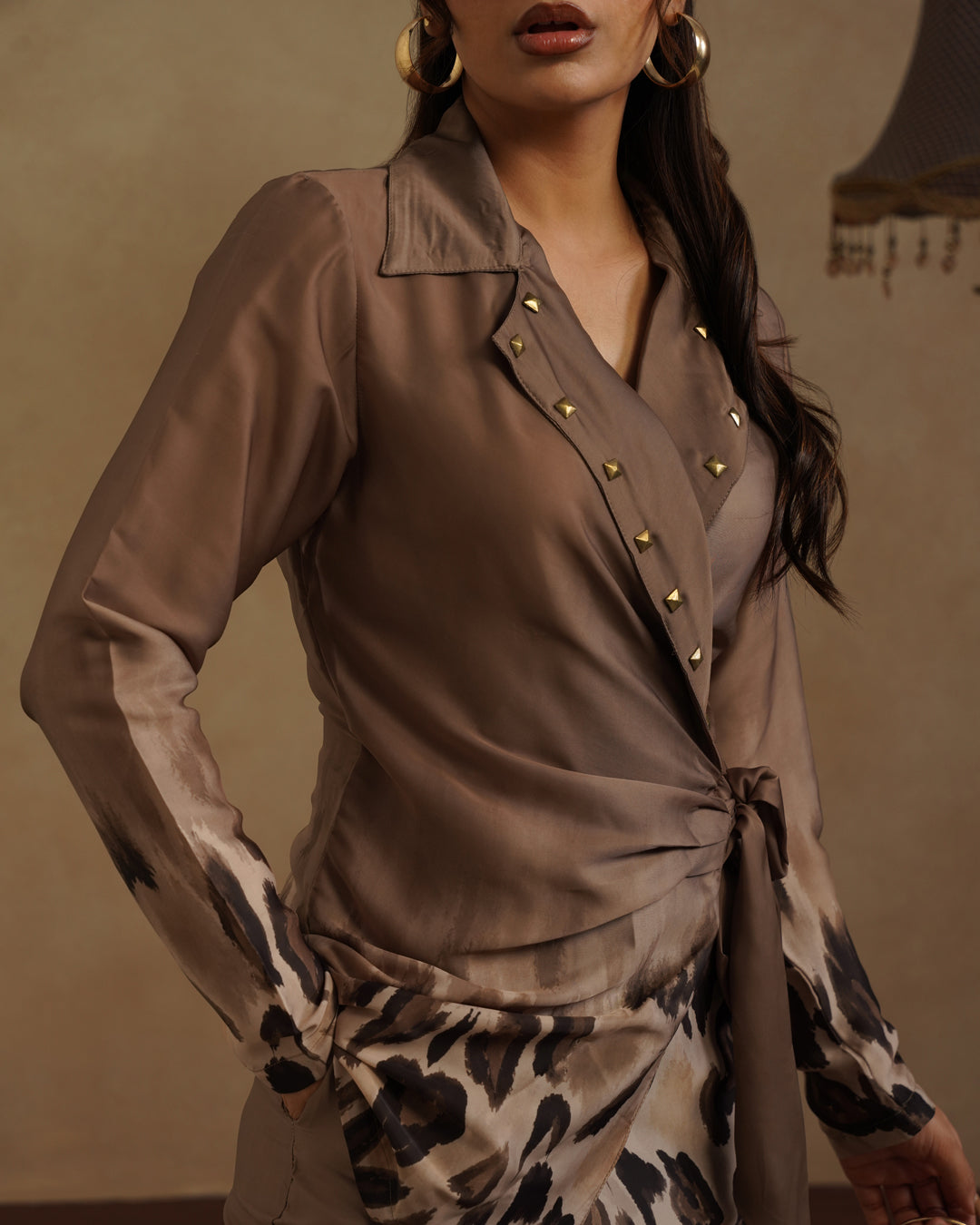 Stylish Brown Wrap Top and Animal Print Pant Set