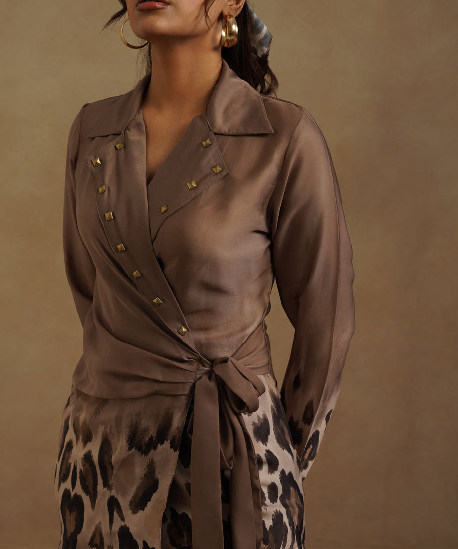 Stylish Brown Wrap Top and Animal Print Pant Set