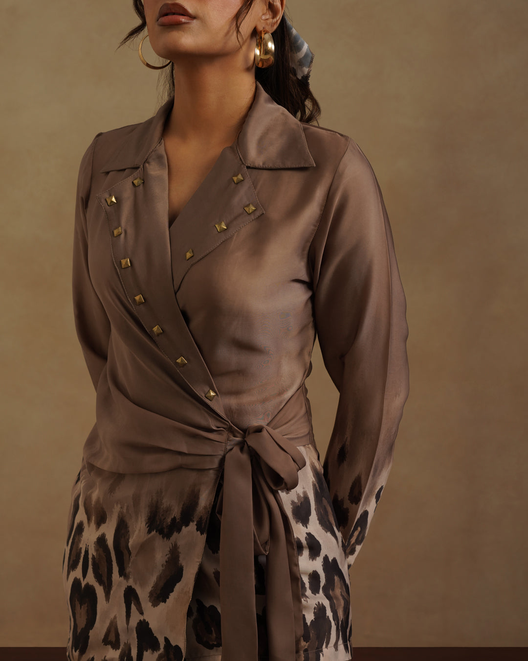 Stylish Brown Wrap Top and Animal Print Pant Set