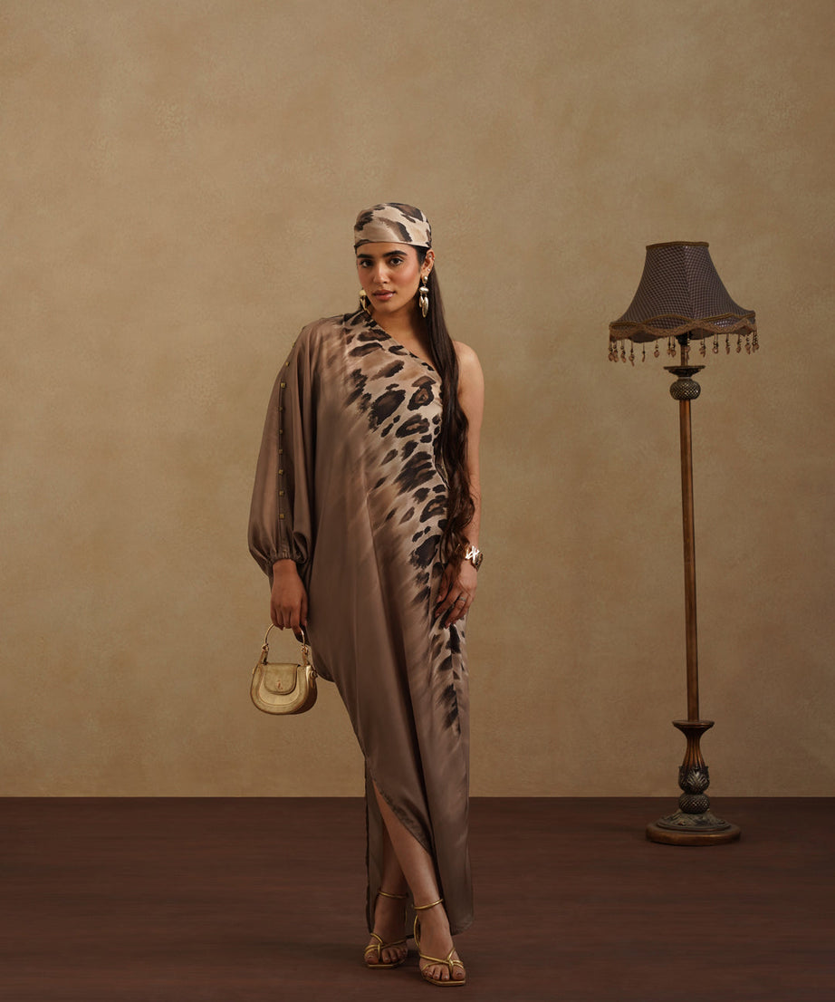 Women's Satin Kaftan Dress with Animal Print Elegant Evening Lounge Wear
