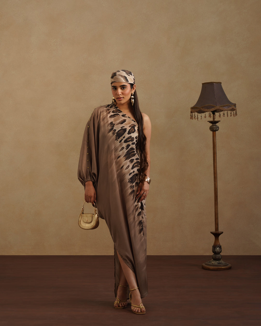 Women's Satin Kaftan Dress with Animal Print Elegant Evening Lounge Wear