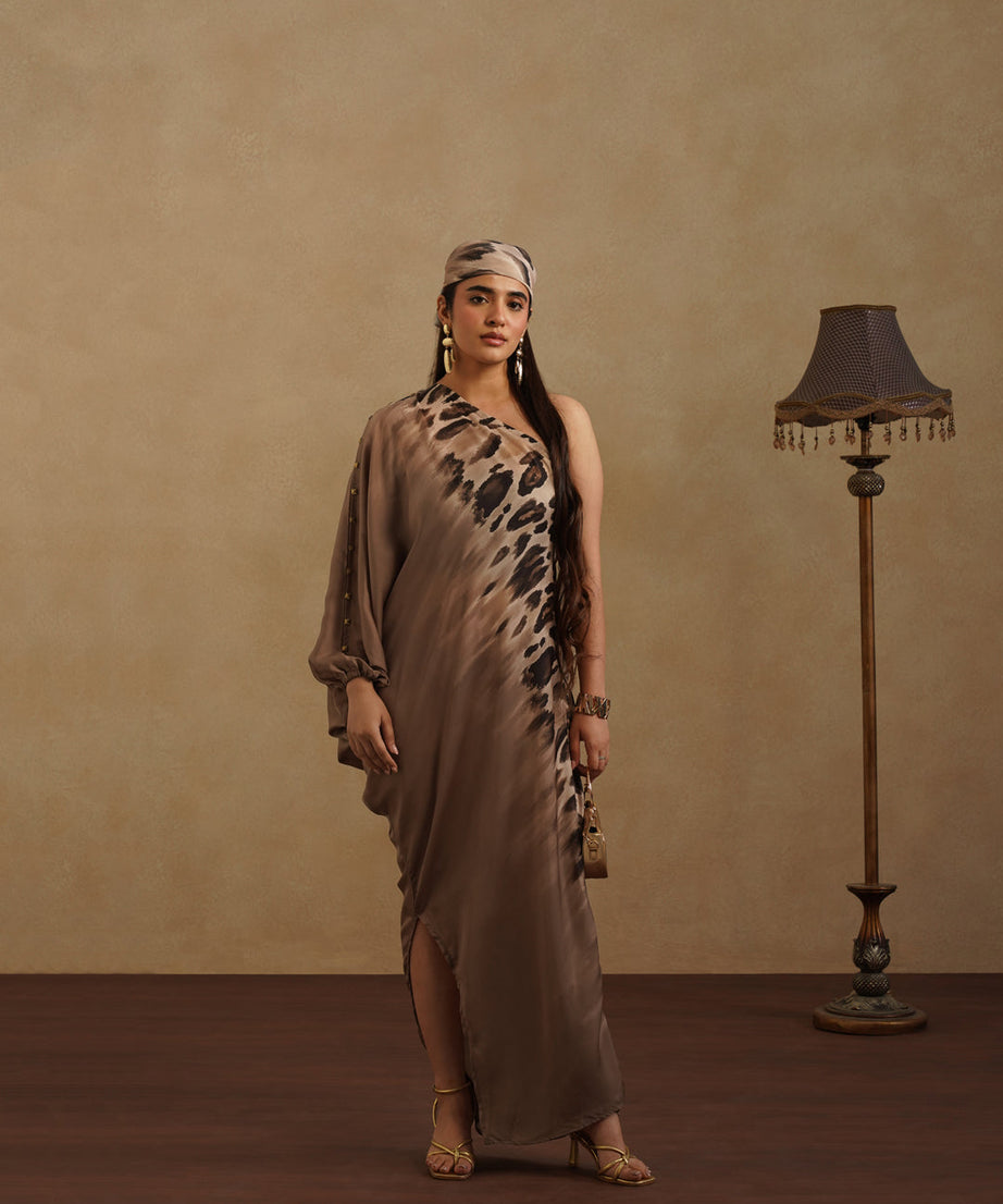 Women's Satin Kaftan Dress with Animal Print Elegant Evening Lounge Wear