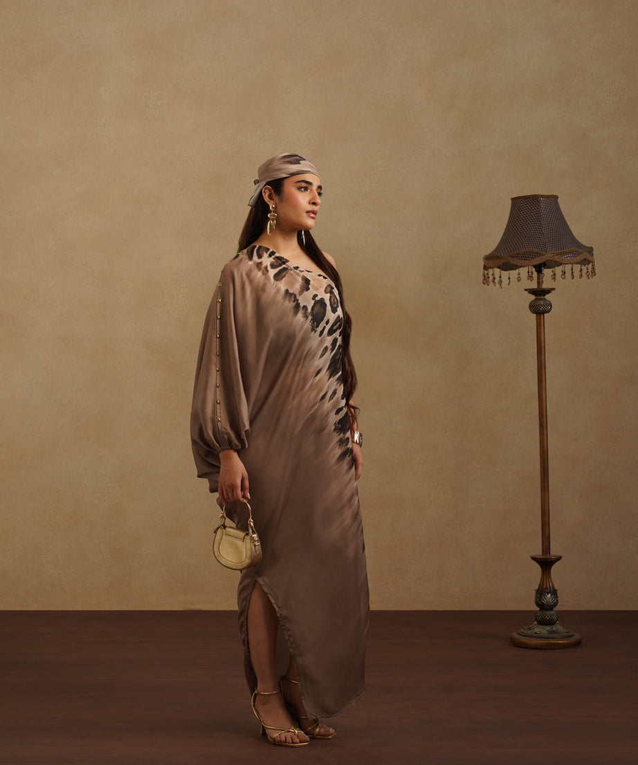 Women's Satin Kaftan Dress with Animal Print Elegant Evening Lounge Wear