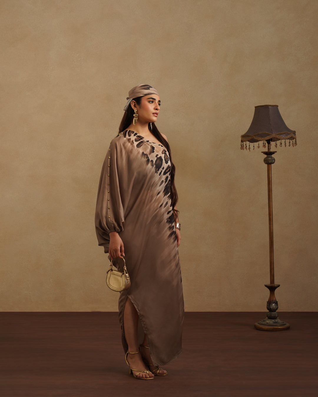 Women's Satin Kaftan Dress with Animal Print Elegant Evening Lounge Wear