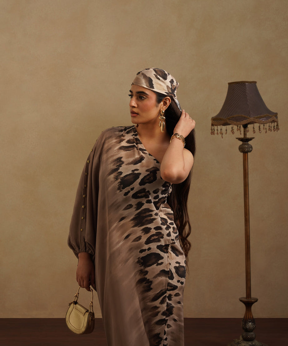 Women's Satin Kaftan Dress with Animal Print Elegant Evening Lounge Wear