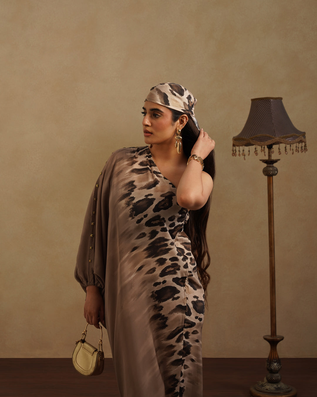 Women's Satin Kaftan Dress with Animal Print Elegant Evening Lounge Wear