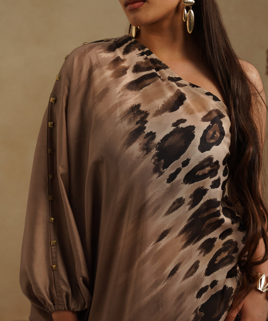 Women's Satin Kaftan Dress with Animal Print Elegant Evening Lounge Wear