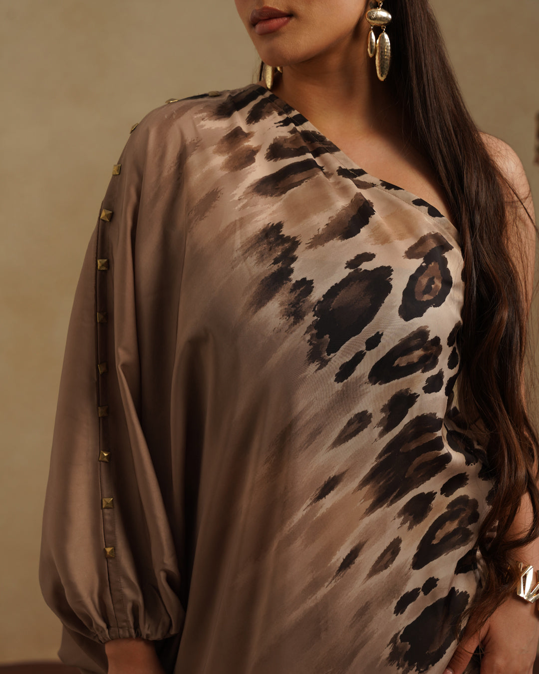 Women's Satin Kaftan Dress with Animal Print Elegant Evening Lounge Wear