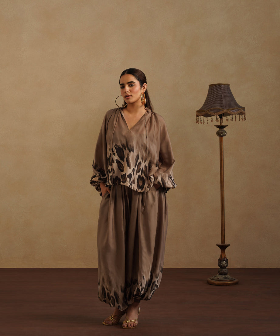 Elegant Brown Satin Co-Ord Set Leopard Print Party & Resort Wear