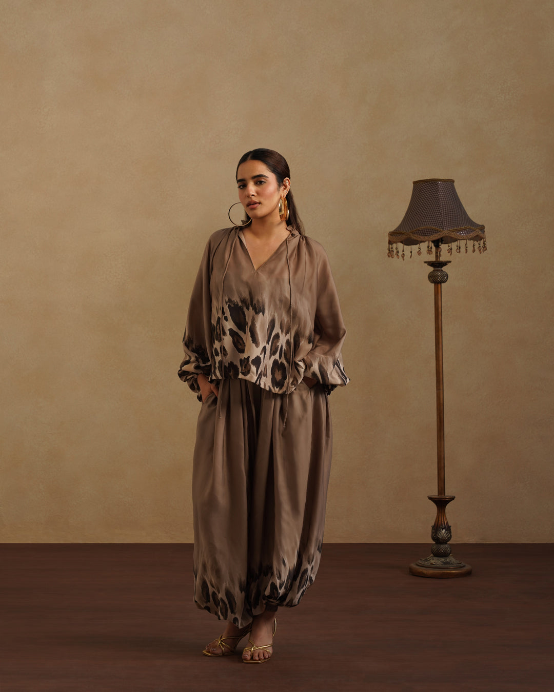 Elegant Brown Satin Co-Ord Set Leopard Print Party & Resort Wear