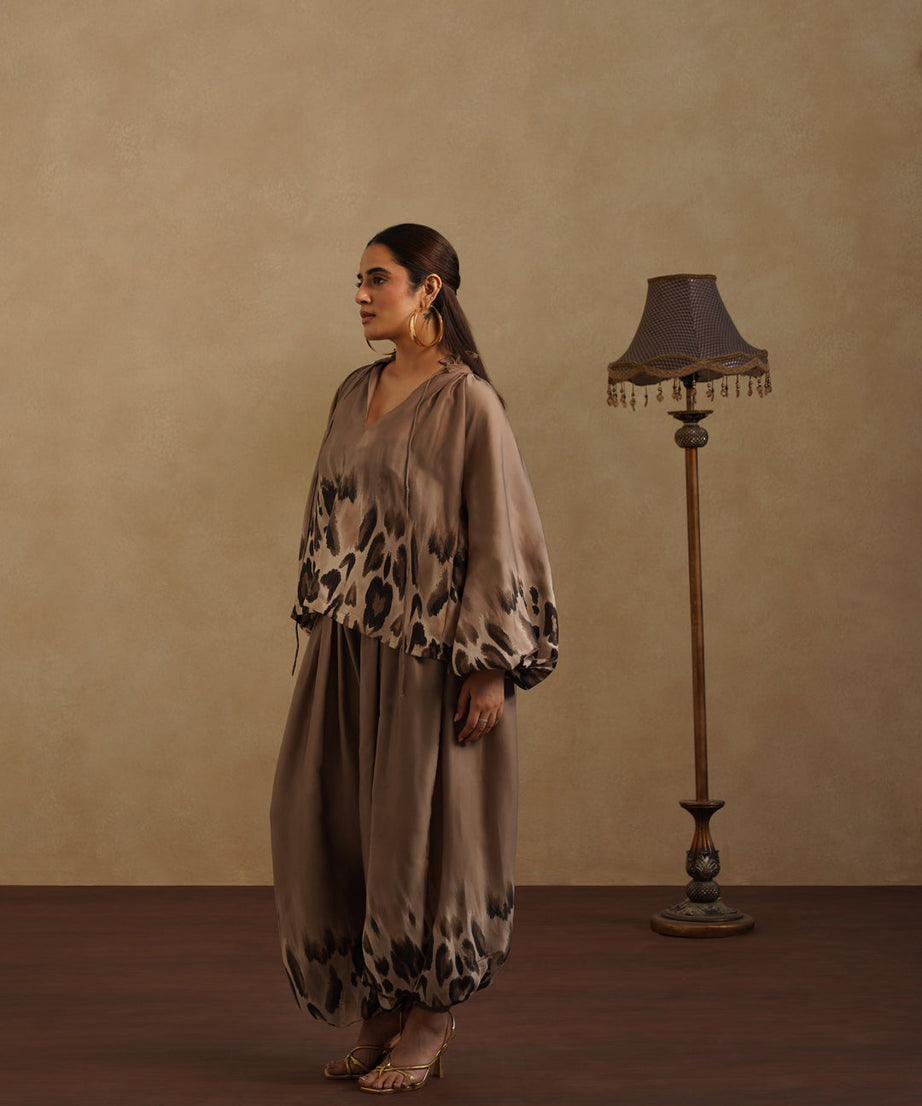 Elegant Brown Satin Co-Ord Set Leopard Print Party & Resort Wear