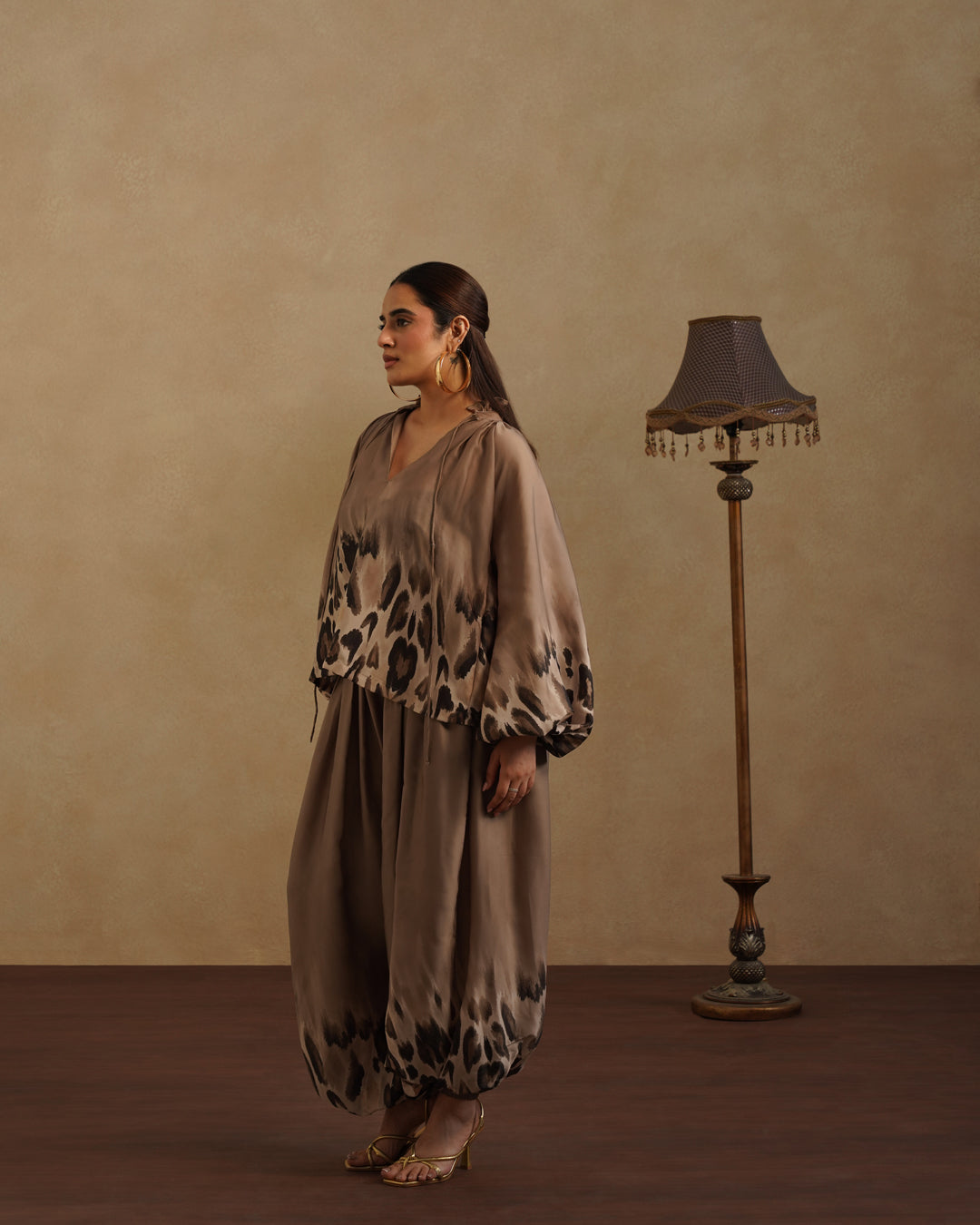 Elegant Brown Satin Co-Ord Set Leopard Print Party & Resort Wear