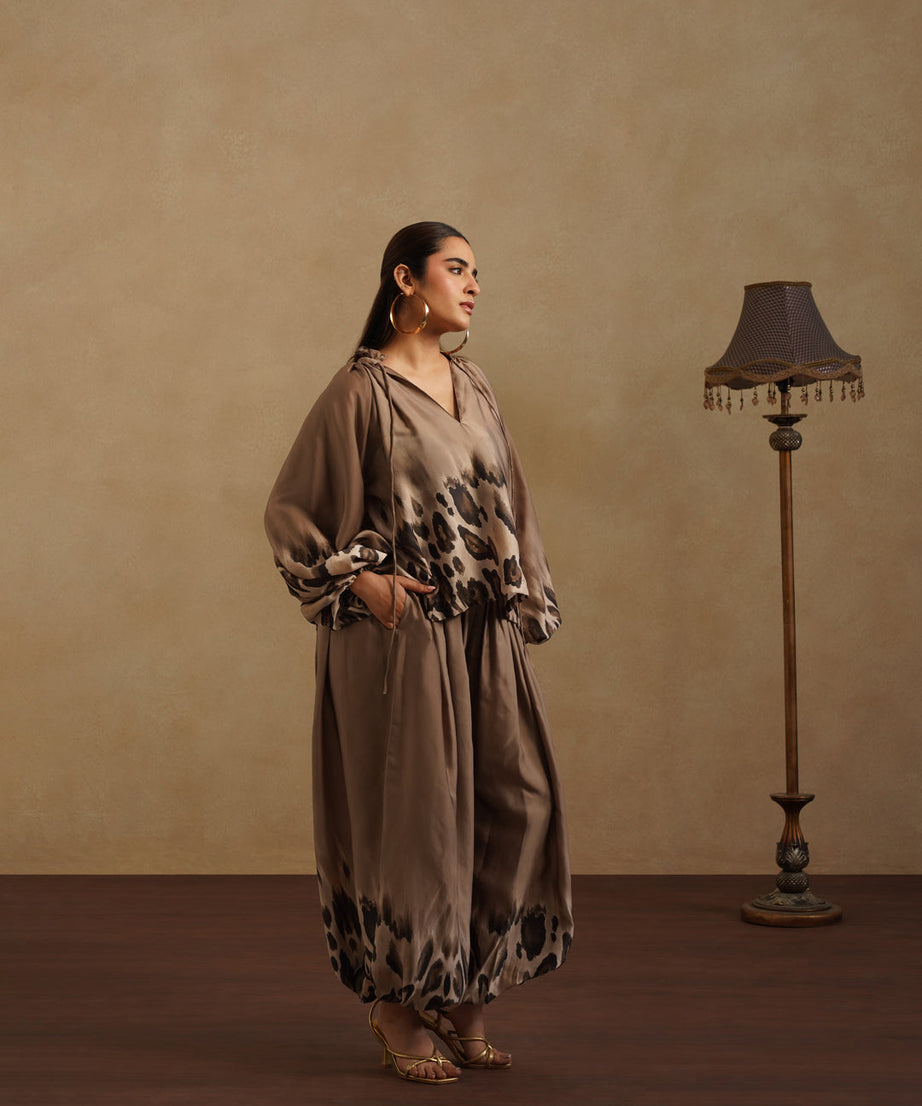 Elegant Brown Satin Co-Ord Set Leopard Print Party & Resort Wear