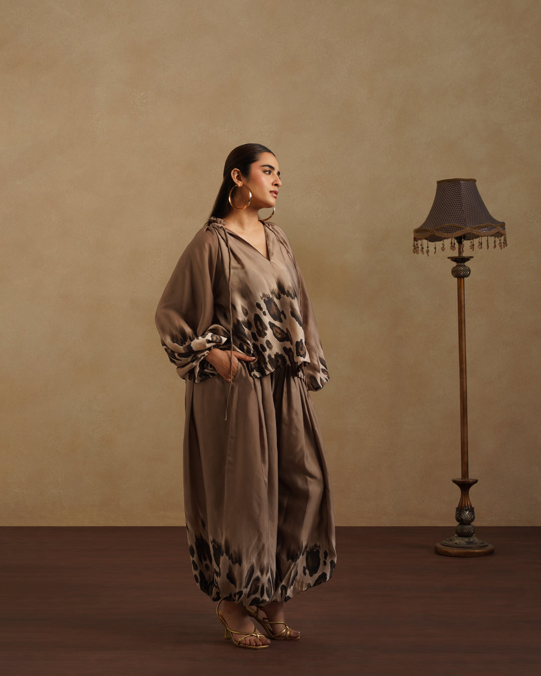 Elegant Brown Satin Co-Ord Set Leopard Print Party & Resort Wear