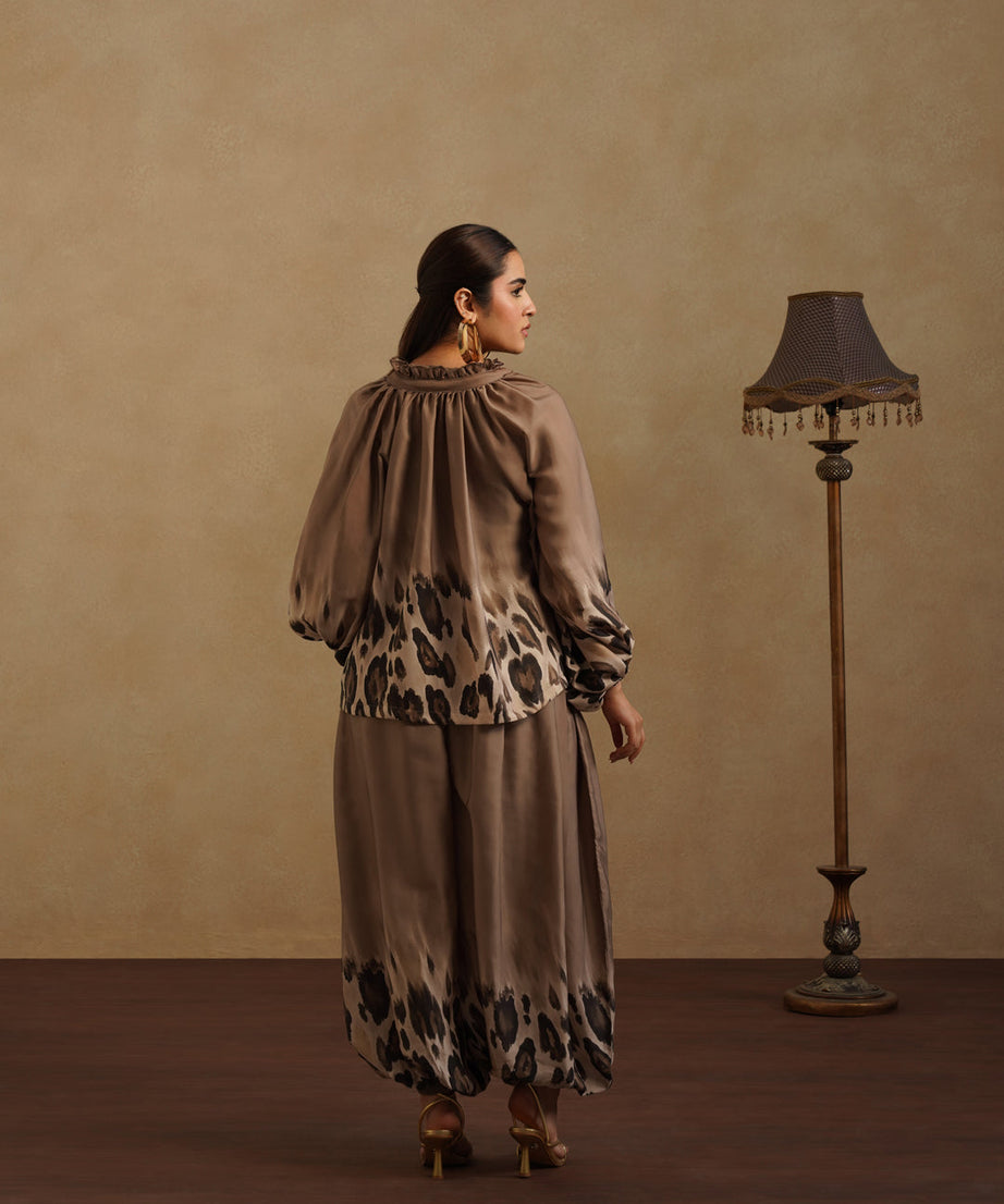 Elegant Brown Satin Co-Ord Set Leopard Print Party & Resort Wear