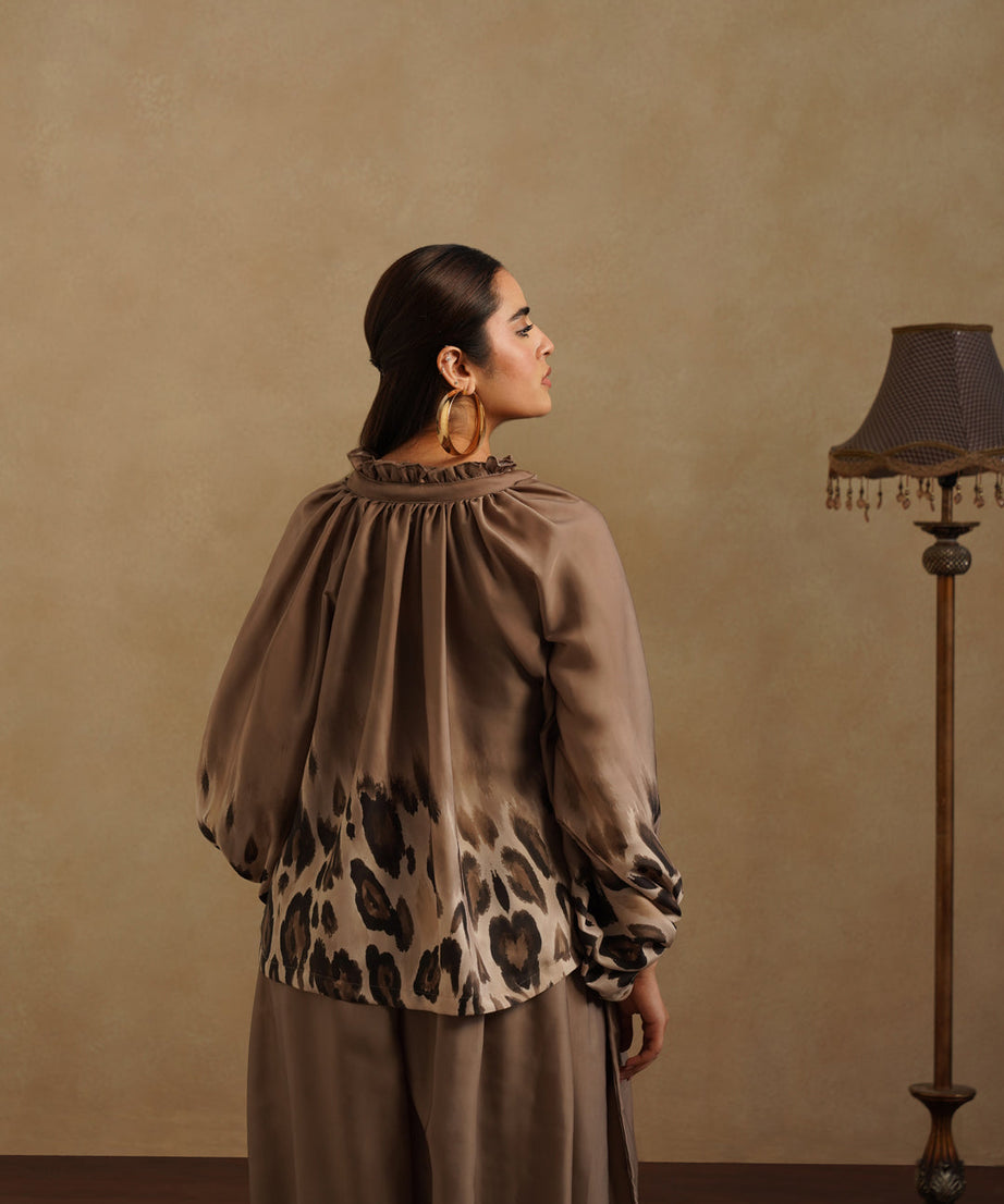 Elegant Brown Satin Co-Ord Set Leopard Print Party & Resort Wear