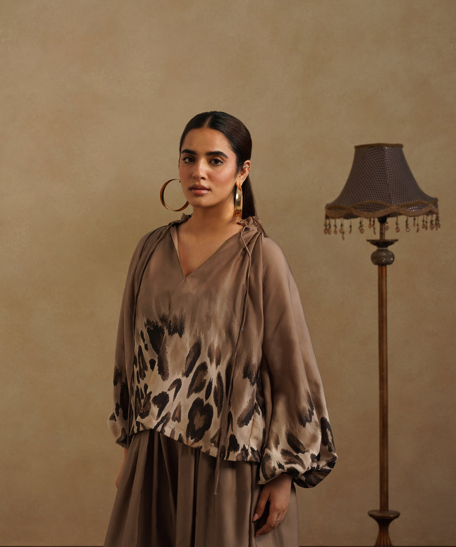 Elegant Brown Satin Co-Ord Set Leopard Print Party & Resort Wear