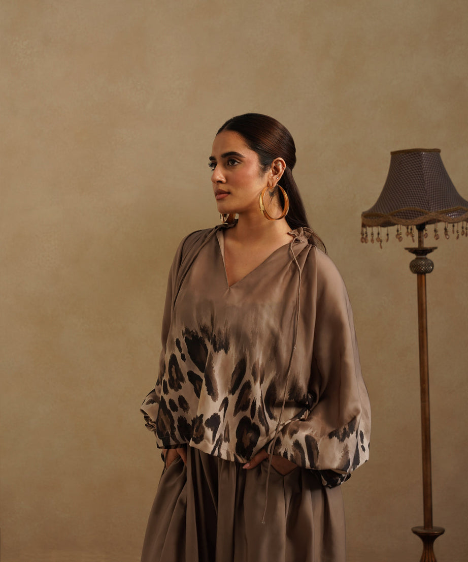 Elegant Brown Satin Co-Ord Set Leopard Print Party & Resort Wear