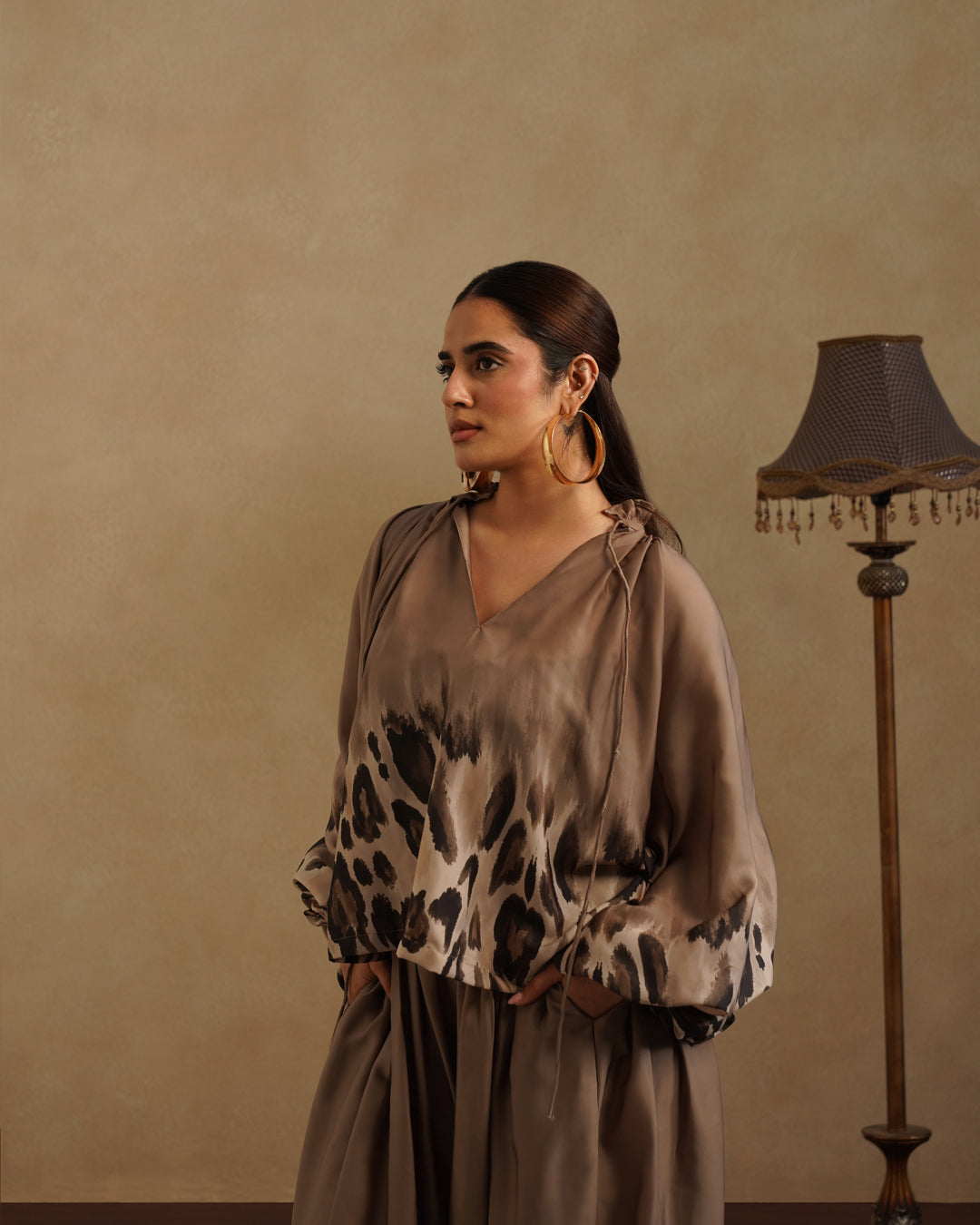 Elegant Brown Satin Co-Ord Set Leopard Print Party & Resort Wear
