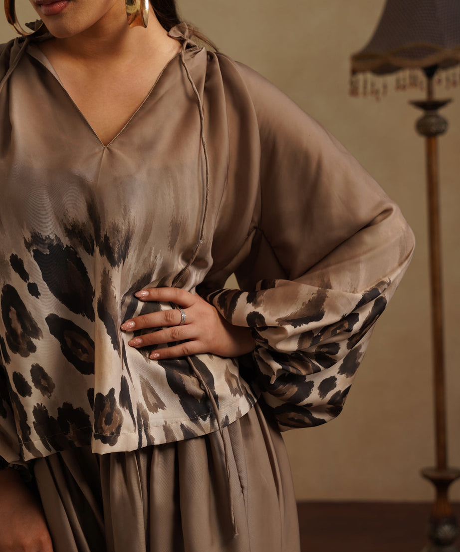 Elegant Brown Satin Co-Ord Set Leopard Print Party & Resort Wear