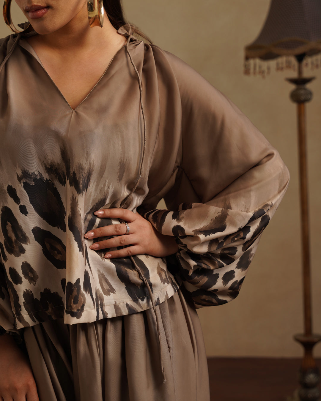 Elegant Brown Satin Co-Ord Set Leopard Print Party & Resort Wear