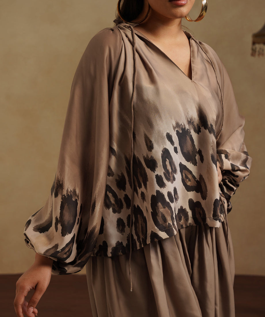 Elegant Brown Satin Co-Ord Set Leopard Print Party & Resort Wear