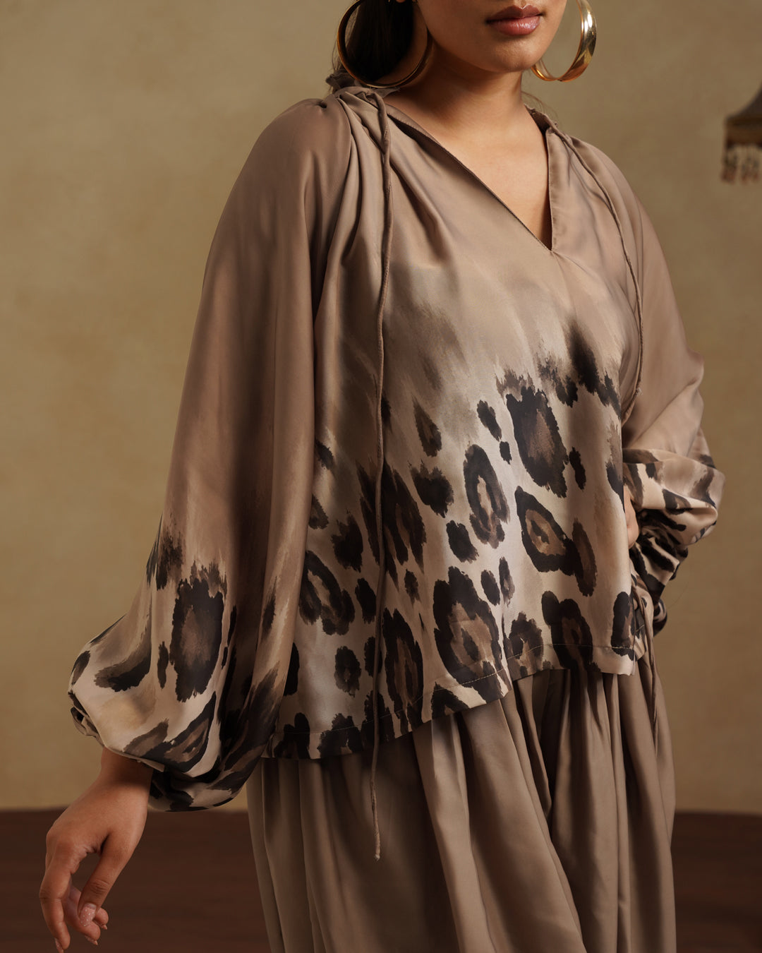 Elegant Brown Satin Co-Ord Set Leopard Print Party & Resort Wear