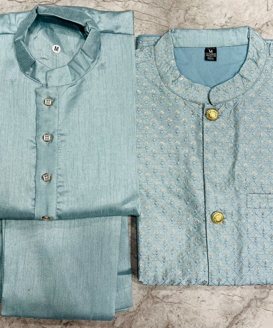 Heavy Banglori Silk Kurta Pajama With Embroidery Sequins Work Koti Set