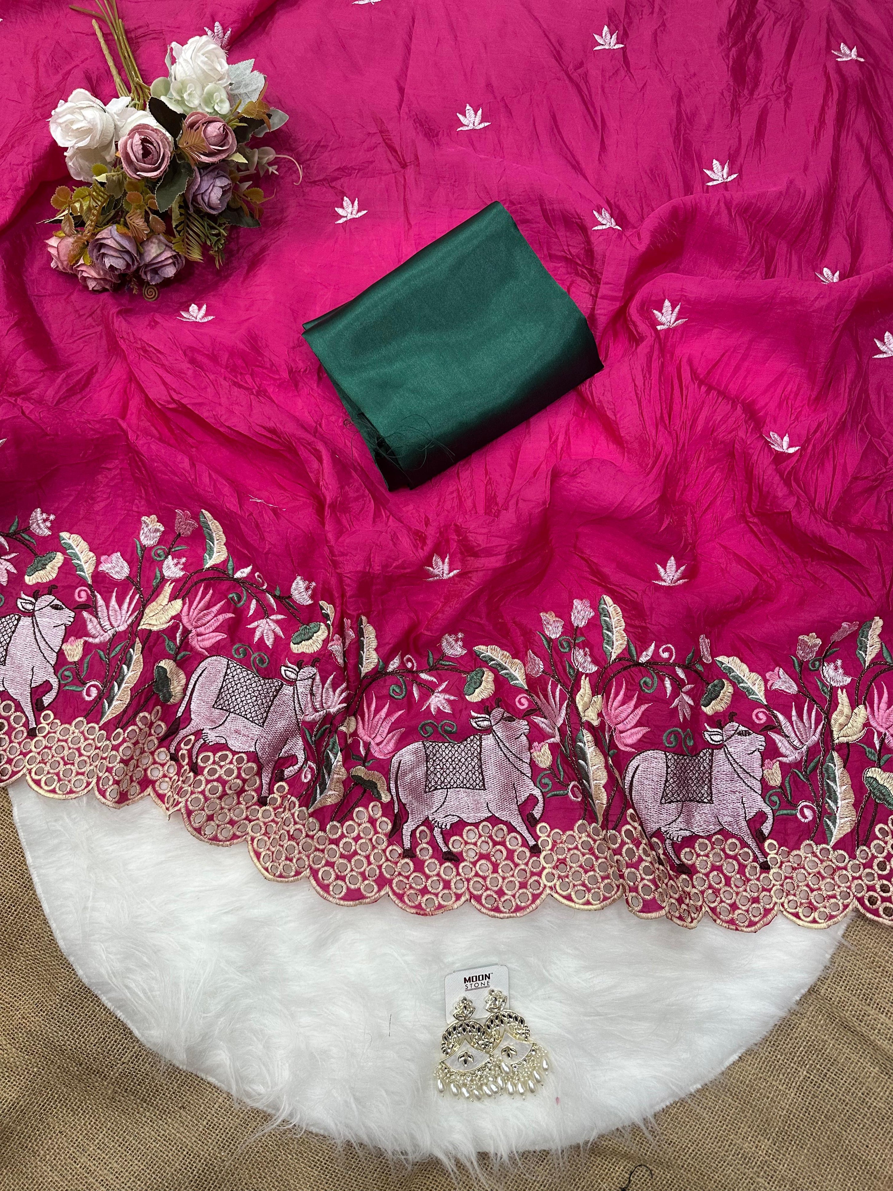 Traditional Wear Pure Gold Soft Crush ,Wedding Bollywood Sari & Blouse