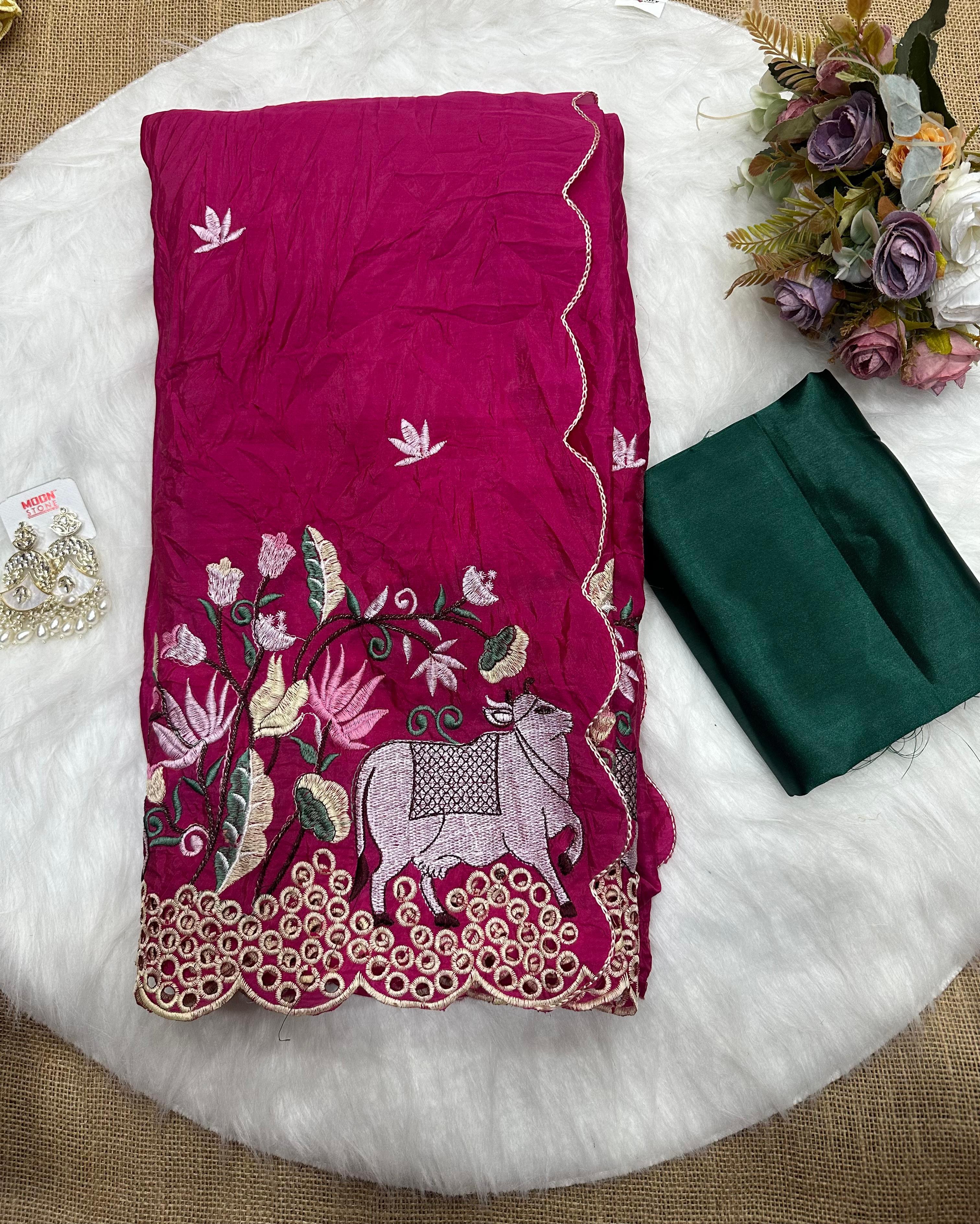 Traditional Wear Pure Gold Soft Crush ,Wedding Bollywood Sari & Blouse