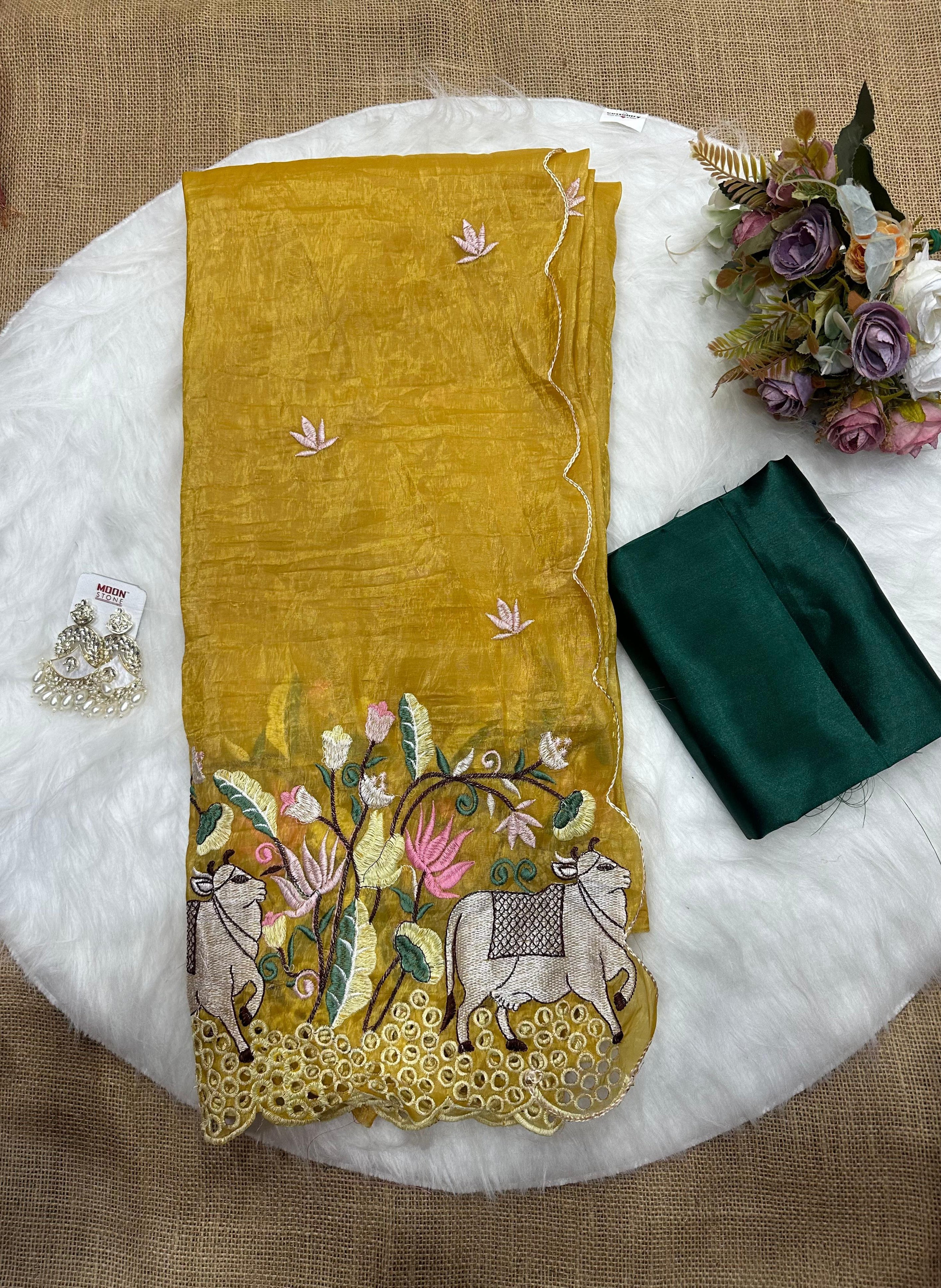 Traditional Wear Pure Gold Soft Crush ,Wedding Bollywood Sari & Blouse